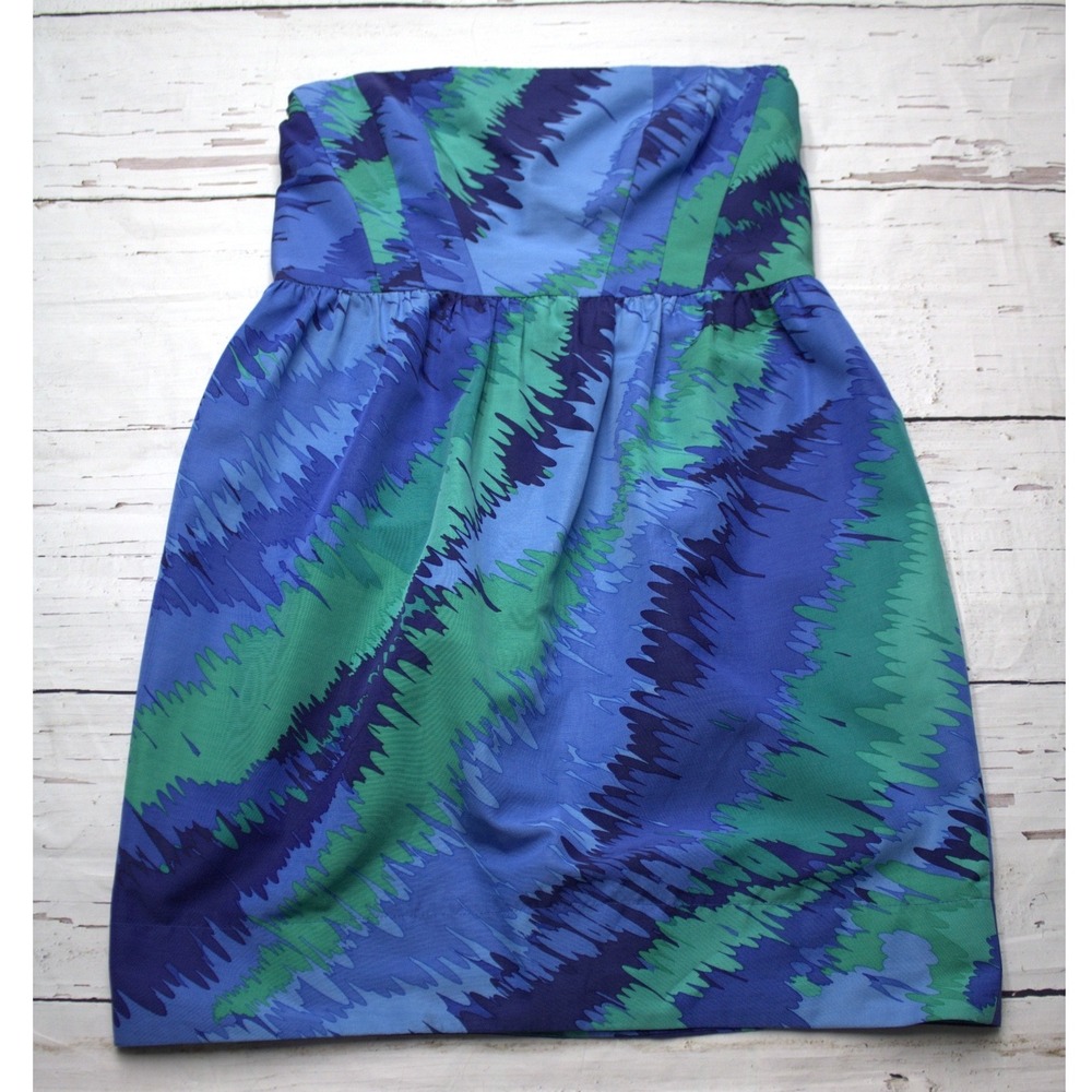 Shoshanna Blue Green Abstract Zigzag Strapless Mini Dress Size 10
